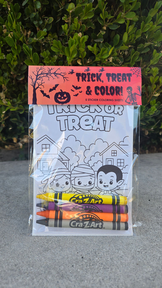 Halloween Coloring Page Party Favor Pack – 5 Sticker Sheets + 4 Crayons