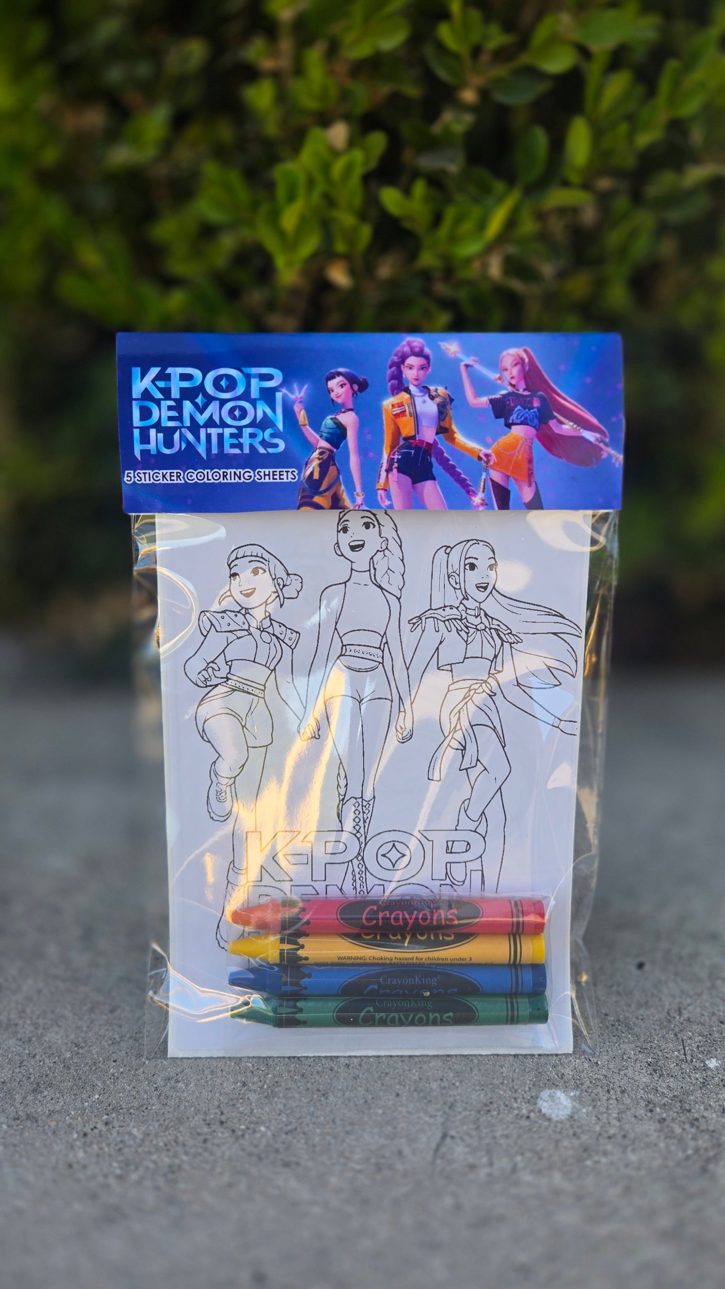 K-POP Demon Hunter Coloring Page Party Favor Pack – 5 Sticker Sheets + 4 Crayons