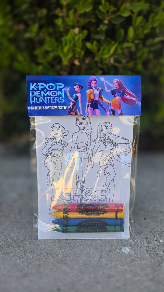 K-POP Demon Hunter Coloring Page Party Favor Pack – 5 Sticker Sheets + 4 Crayons